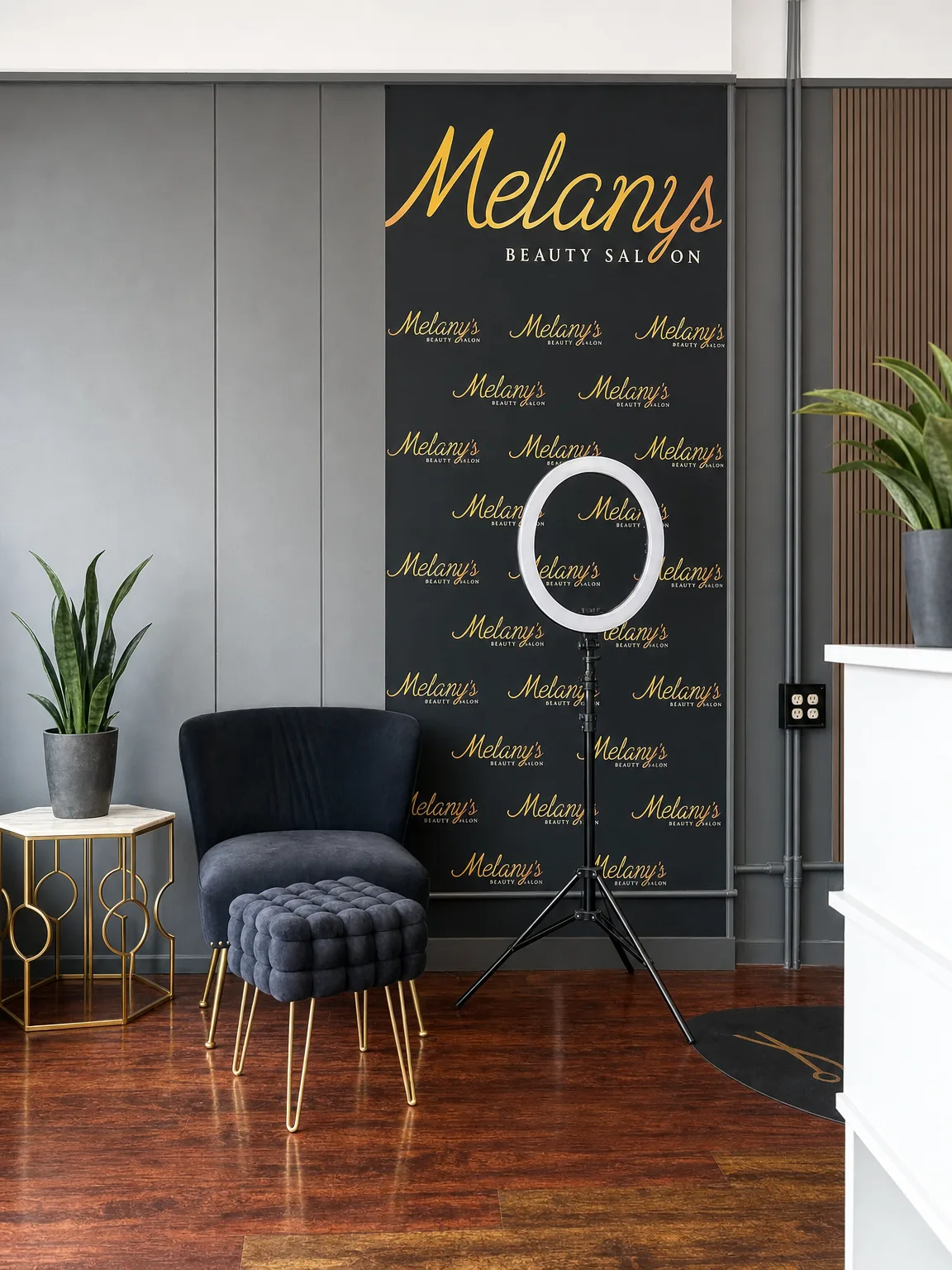 Melany's branded photo backdrop with ring light
