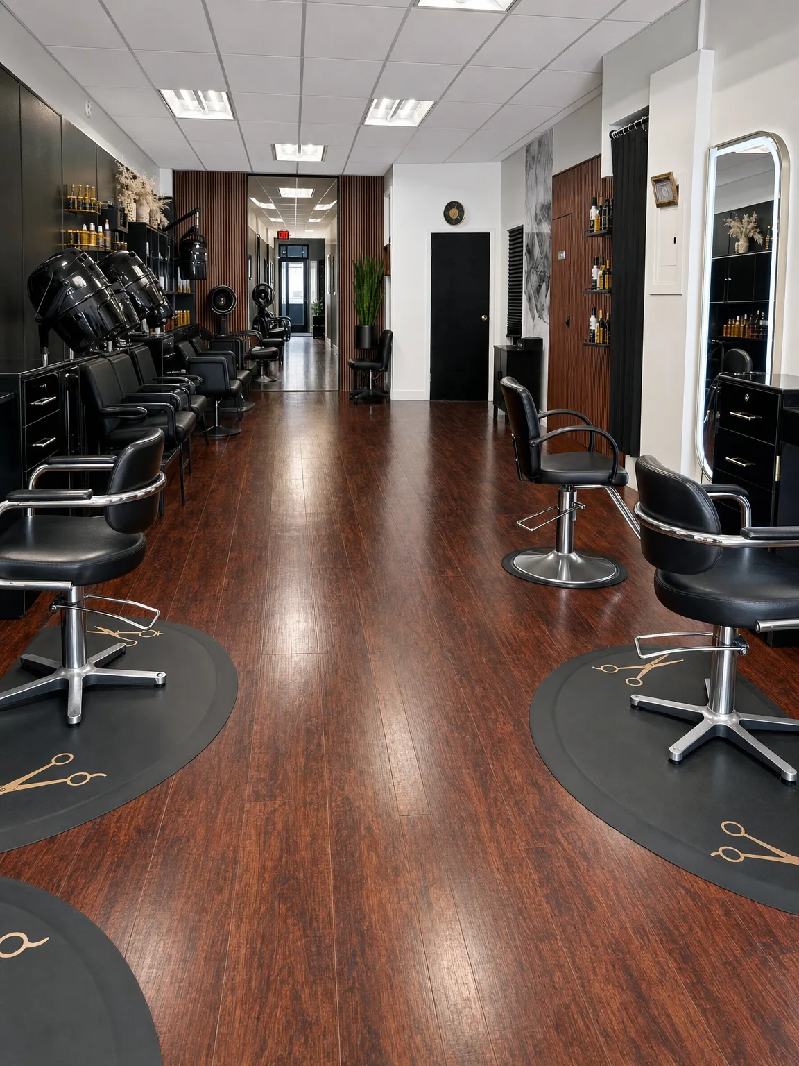 The styling floor at Melany's — black chairs and gold lit mirrors